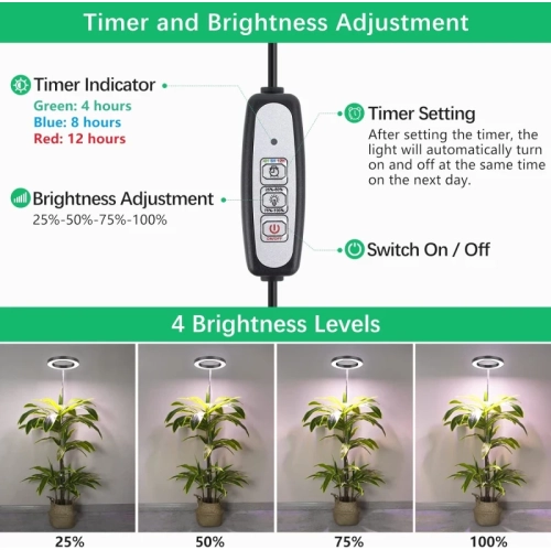 Full Spectrum LED Plant Grow Light: Adjustable Brightness, Auto On/Off Timer, Height Adjustable, Ideal for Large Indoor Plants