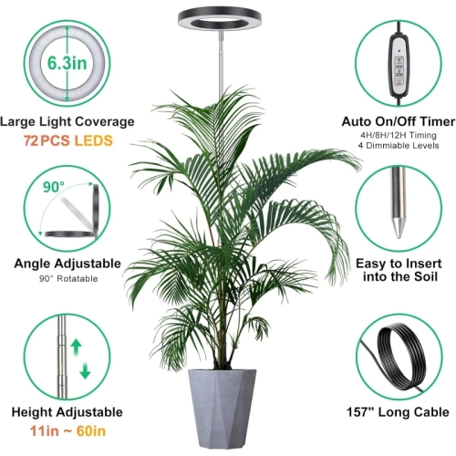 Full Spectrum LED Plant Grow Light: Adjustable Brightness, Auto On/Off Timer, Height Adjustable, Ideal for Large Indoor Plants
