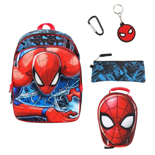 BIOWORLD  Marvel Spider-Man Comic Strip Pattern Kids 16" Backpack And Lunch Bag 5 Piece Set