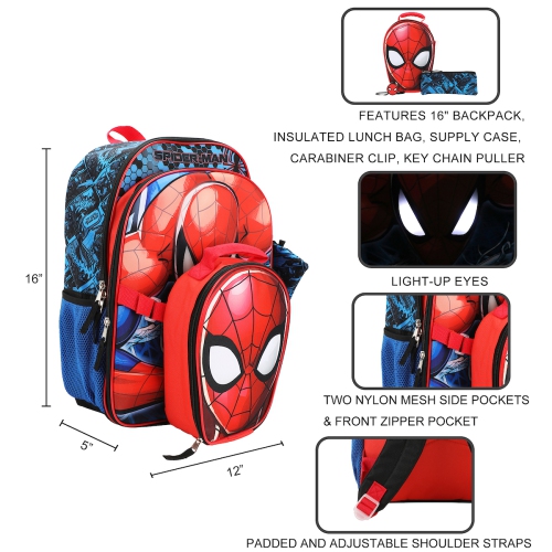 Marvel Spider-Man Comic Strip Pattern Kids 16" Backpack and Lunch Bag 5 Piece Set