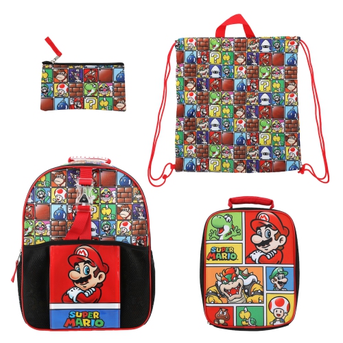 Super Mario Bros. Character Tile Kids 14" Backpack and Lunch Bag 4 Piece Set