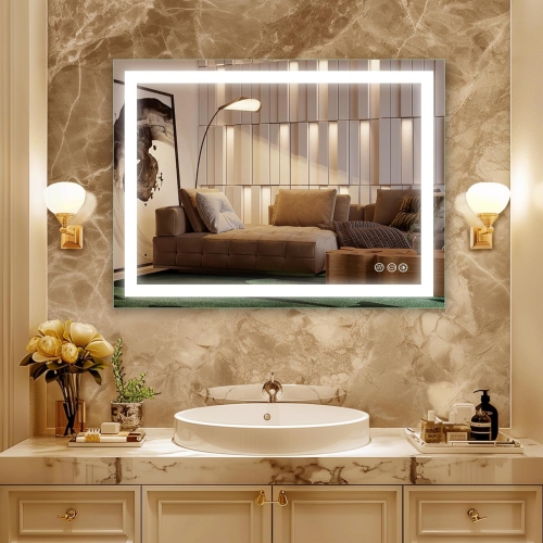 NIERBO  Led Bathroom Mirror 32 X 24 Inch - Upgraded Stepless Dimmable Wall Mirrors \w Anti-Fog Vanity Mirror \w 3 Color Modes, Shatter-Proof, Memory