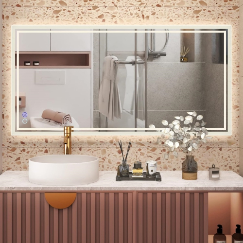 NIERBO  Led Bathroom Mirror 48X 24 Inch - Upgraded Stepless Dimmable Wall Mirrors \w Anti-Fog Vanity Mirror \w 3 Color Modes, Shatter-Proof, Memory