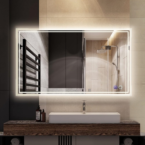 NIERBO  Led Bathroom Mirror 48 X 28 Inch - Upgraded Stepless Dimmable Wall Mirrors \w Anti-Fog Vanity Mirror \w 3 Color Modes, Shatter-Proof, Memory