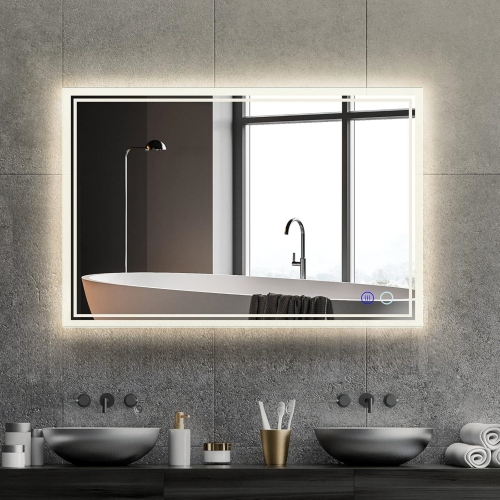 NIERBO  Led Bathroom Mirror 48 X 32 Inch - Upgraded Stepless Dimmable Wall Mirrors \w Anti-Fog Vanity Mirror \w 3 Color Modes, Shatter-Proof, Memory