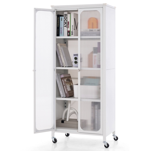 COSTWAY  Storage Cabinet With Wheels & 2 Translucent Doors Adjustable Shelves Sideboard