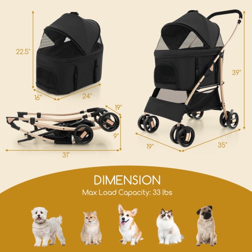 Petsite 3-In-1 Pet Stroller with Removable Car Seat Carrier 4-Level Adjustable Canopy