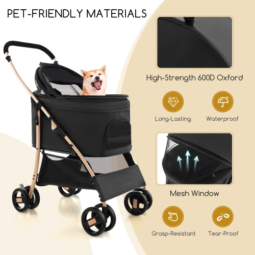 Petsite 3-In-1 Pet Stroller with Removable Car Seat Carrier 4-Level Adjustable Canopy