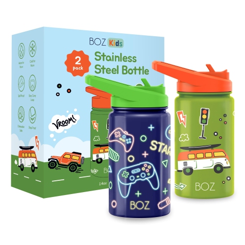 Bouteille isotherme pour enfants avec couvercle à paille BOZ - Ensemble de deux, jeu/voiture, tasse à eau à double paroi sous vide en acier