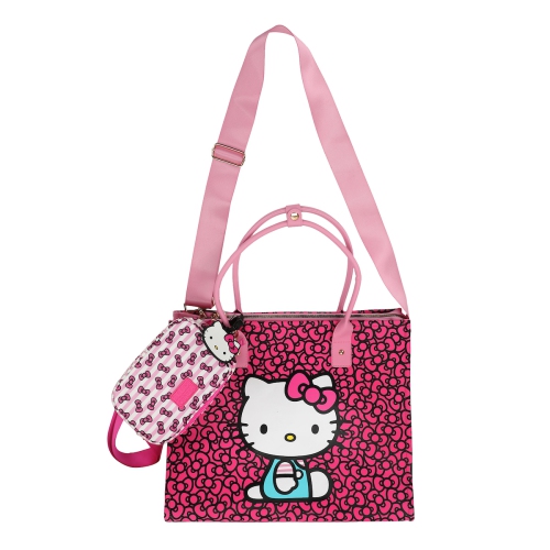 BIOWORLD  Hello Kitty Bow Pattern Travel Tote Set With Crossbody Bag And Luggage Tag