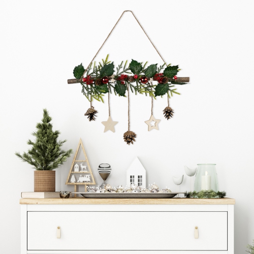 Houx Branch avec étoiles et pommes de pin décoration murale de Noël - 20,75 po - Rouge