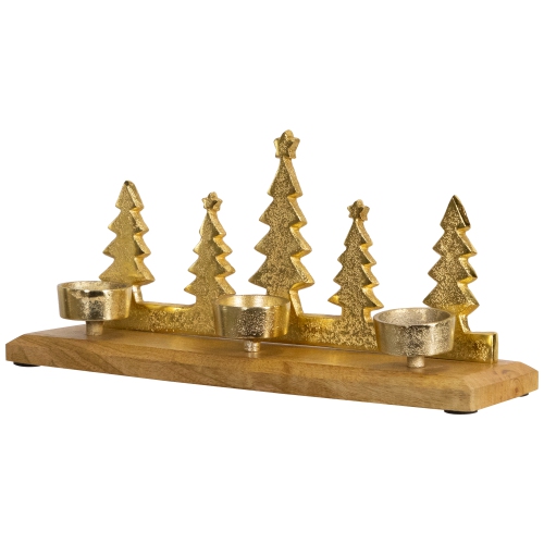 Pine Tree Quintet Christmas Metal Tealight Holder - 13" - Gold