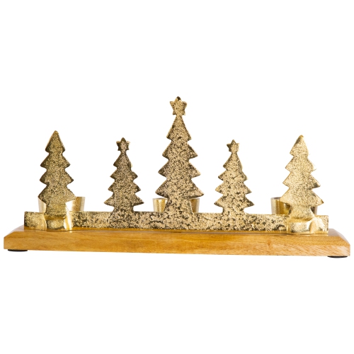Pine Tree Quintet Christmas Metal Tealight Holder - 13" - Gold