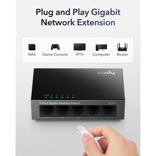 Cudy GS105 5-Port Gigabit Unmanaged Ethernet Switch | 10/100/1000Mbps RJ45 Ports, Desktop or Wall Mount, Energy Saving, Plug & Play, Fanless Metal