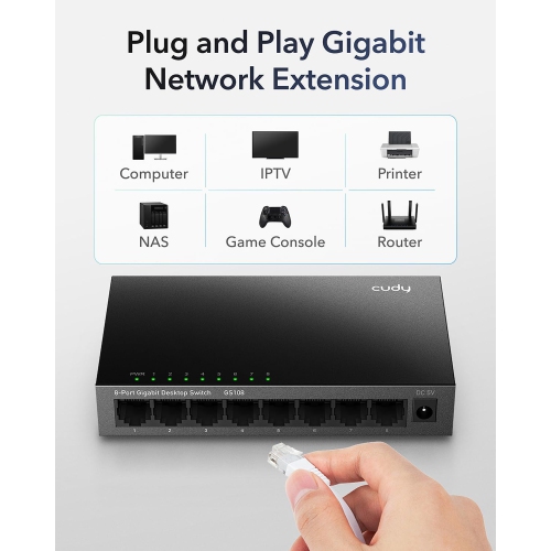 Cudy GS108 8-Port Gigabit Unmanaged Ethernet Switch | Ethernet Splitter Plug & Play Fanless Metal Design Shielded Ports Traffic Optimization