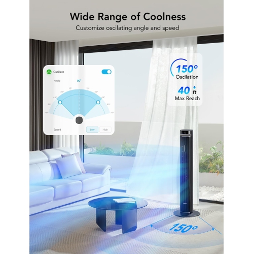 Goveelife 42'' Tower Fan for Bedroom, Smart Floor Fan with 150° Adjustable Oscillating, APP & Voice Control, 5 Modes 12 Speeds up to 26ft/s, 24H