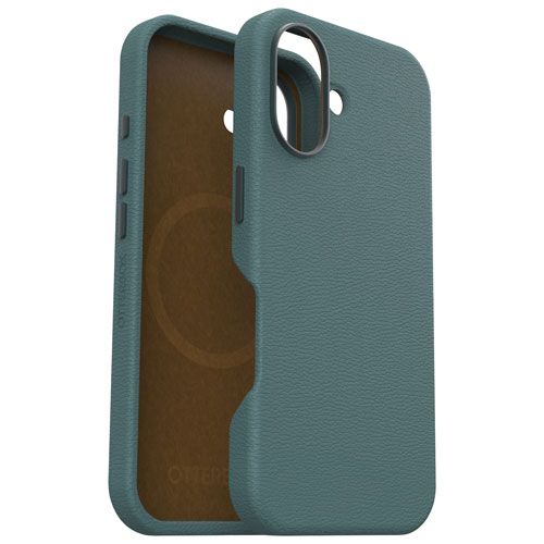 Étui rigide ajusté en cuir de cactus Symmetry d'OtterBox avec MagSafe pour iPhone 16 - Vert Sagebrush