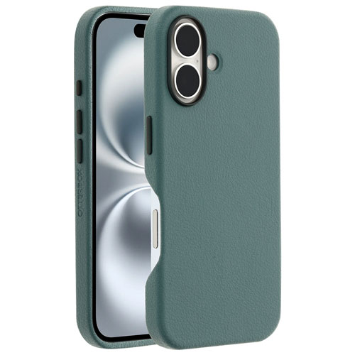 Étui rigide ajusté en cuir de cactus Symmetry d'OtterBox avec MagSafe pour iPhone 16 - Vert Sagebrush