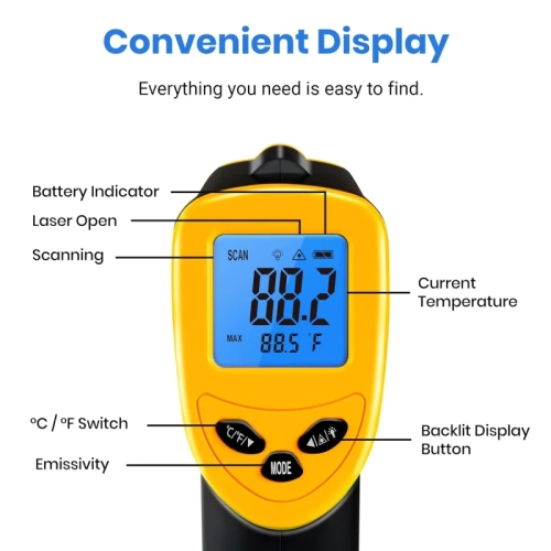 Thermomètre laser laser 1080 Thermomètre infrarouge numérique de Lasergrip, pistolet thermique pour la cuisine, barbecue et eau de bain,