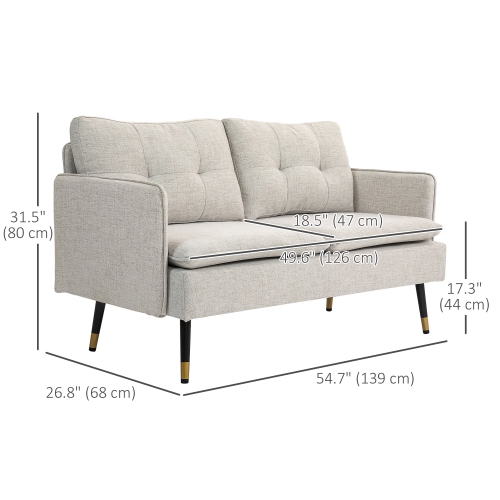 HOMCOM 55" Loveseat Sofa, Linen Upholstered Love Seat with S spring, Steel Legs and Button Tufting, Small Couch for Living Room, Bedroom, Office,