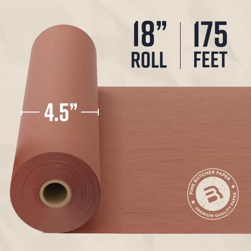 Pink Kraft Butcher Paper Roll - 18 Inch x 175 Feet - Food Grade Peach Wrapping Paper for Smoking Meat - Made in USA