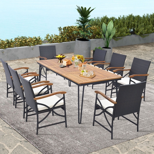COSTWAY  9 PCs Patio Rattan Dining Set With Acacia Wood Table, Cushions, 1.9" Umbrella Hole