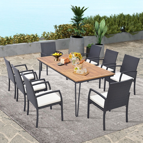 COSTWAY  9 PCs Patio Rattan Dining Set With Acacia Wood Table, Cushions, 1.9" Umbrella Hole