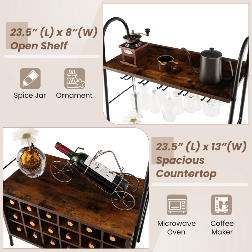 Costway Industrial Wine Rack Freestanding Bottle Holder with Stemware Holder & Open Shelves