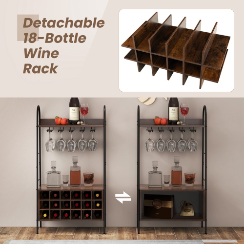 Costway Industrial Wine Rack Freestanding Bottle Holder with Stemware Holder & Open Shelves