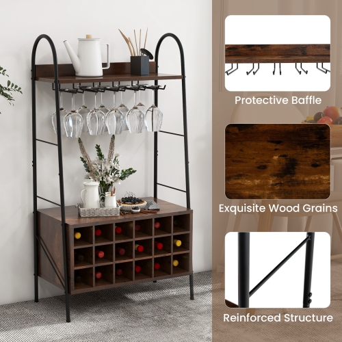 Costway Industrial Wine Rack Freestanding Bottle Holder with Stemware Holder & Open Shelves