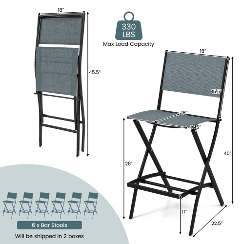 Costway Set of 6 Outdoor Bar Chair Folding Bar Height Stool with Metal Frame Blue