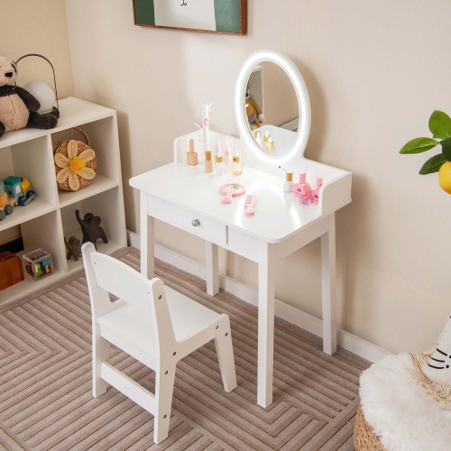 Ensemble coiffeuse pour enfants avec fauteuil miroir éclairé 2 couleurs éclairage DEL pour filles de Costway