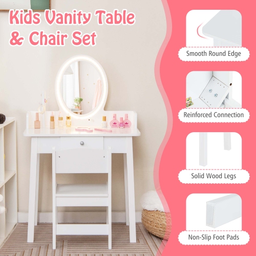 Ensemble coiffeuse pour enfants avec fauteuil miroir éclairé 2 couleurs éclairage DEL pour filles de Costway
