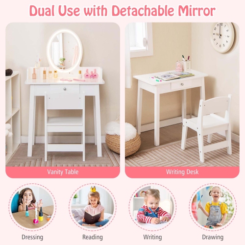 Ensemble coiffeuse pour enfants avec fauteuil miroir éclairé 2 couleurs éclairage DEL pour filles de Costway