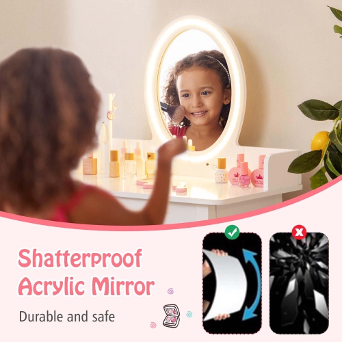 Ensemble coiffeuse pour enfants avec fauteuil miroir éclairé 2 couleurs éclairage DEL pour filles de Costway