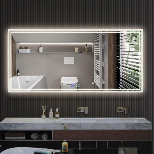 NIERBO  Led Bathroom Mirror 60 X 28 Inch - Upgraded Stepless Dimmable Wall Mirrors \w Anti-Fog Vanity Mirror \w 3 Color Modes, Shatter-Proof, Memory