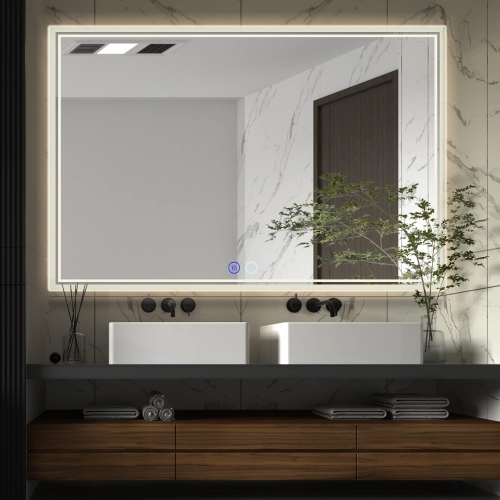 NIERBO  Led Bathroom Mirror 60 X 40 Inch - Upgraded Stepless Dimmable Wall Mirrors \w Anti-Fog Vanity Mirror \w 3 Color Modes, Shatter-Proof, Memory