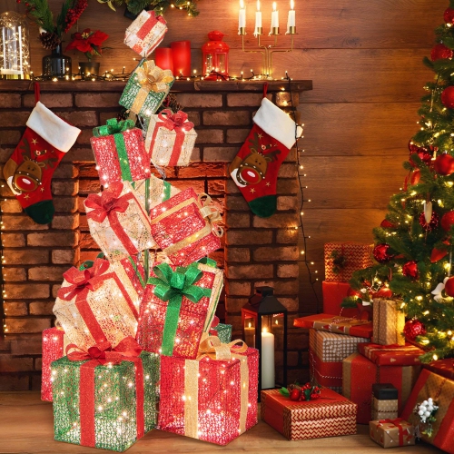 COSTWAY  15 Stacked Pre-Lit Gift Box Tower 67" Lighted Present Decoration With 450 Lights