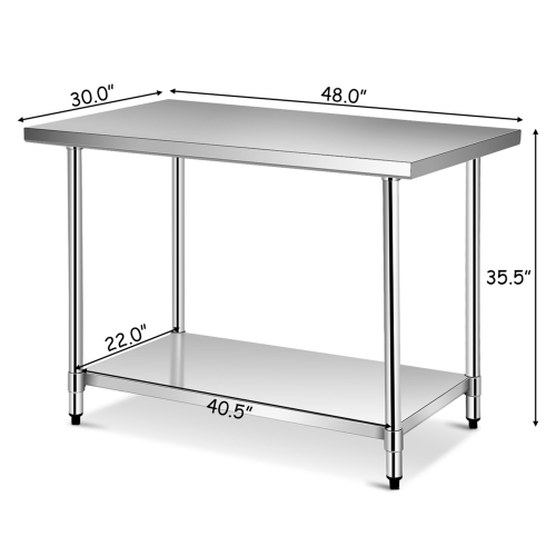 Table en acier inoxydable avec tablettes supérieures de Costway, table de travail de 48 x 24 po avec tablette de 48 x 12 po