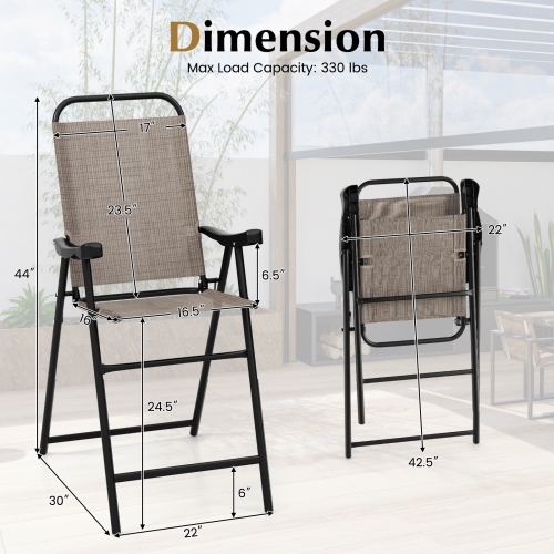 Costway 2 PCS Patio Bar Chair Folding Bar Height Metal Frame with Footrest Garden