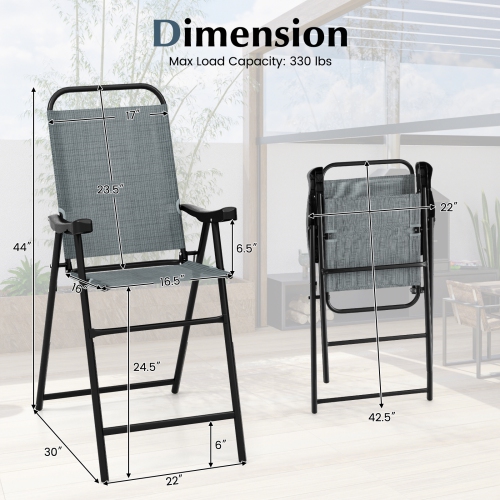 Costway 2 PCS Patio Bar Chair Folding Bar Height Metal Frame with Footrest Garden