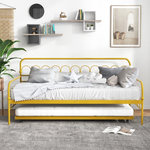 Costway Twin Size Metal Daybed with Trundle Space-Saving Sofa Bed Lockable Wheels Gold