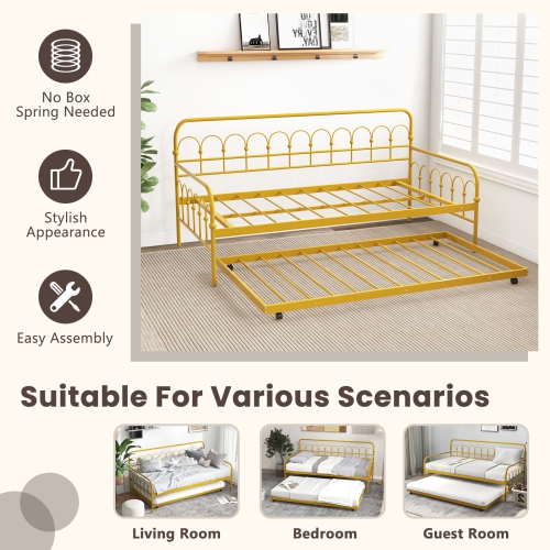 Costway Twin Size Metal Daybed with Trundle Space-Saving Sofa Bed Lockable Wheels Gold