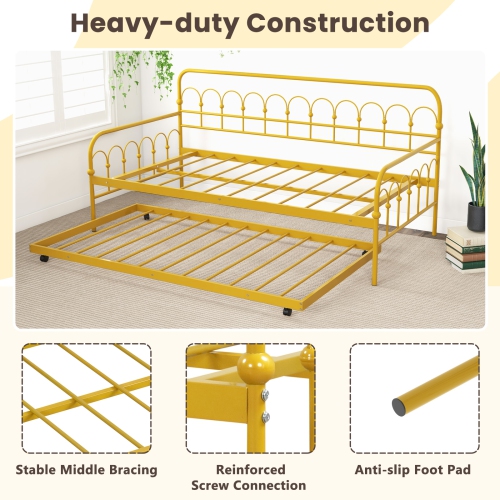 Costway Twin Size Metal Daybed with Trundle Space-Saving Sofa Bed Lockable Wheels Gold
