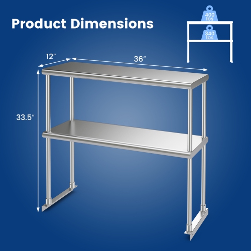 Costway 36" 2-Tier Overshelf for Prep & Worktable Stainless Steel Adjustable Lower Shelf