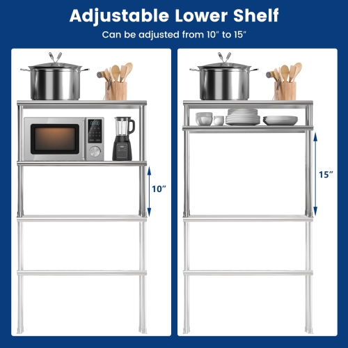 Costway 36" 2-Tier Overshelf for Prep & Worktable Stainless Steel Adjustable Lower Shelf