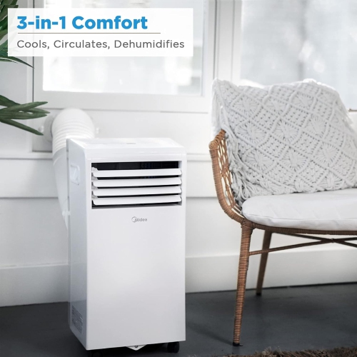Midea 6,000 BTU ASHRAE Portable Air Conditioner, Cools up to 150 Sq. Ft., with Dehumidifier & Fan mode, Easy- to-use Remote Control & Window