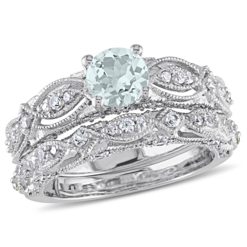 1.40 Carat Aquamarine and Lab-Created White Sapphire with Diamonds Bridal Wedding Set Engagement Ring 10K White Gold