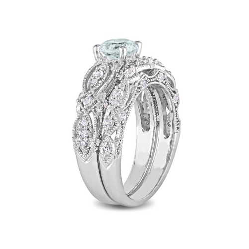 1.40 Carat Aquamarine and Lab-Created White Sapphire with Diamonds Bridal Wedding Set Engagement Ring 10K White Gold