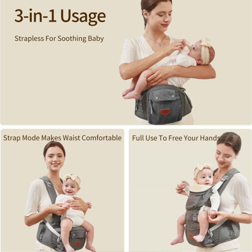 Porte-bébé ergonomique 6-en-1 avec siège pour hanches Sunveno, gris